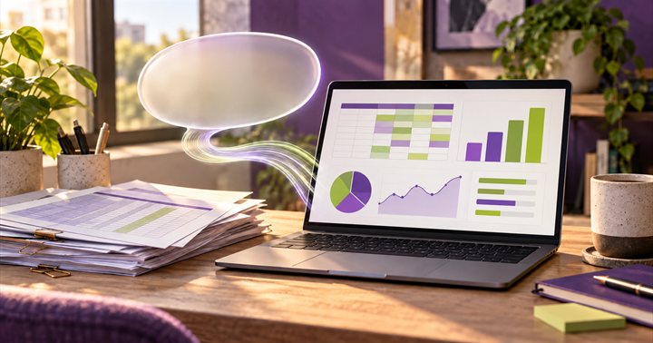 Ilustração de um notebook com gráficos, documentos e uma conversa sobre análise de dados.